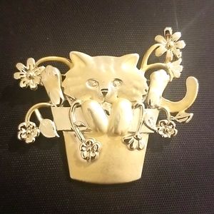 AJC Brushed Gold Kitty Cat Flower Pot Brooch Pin